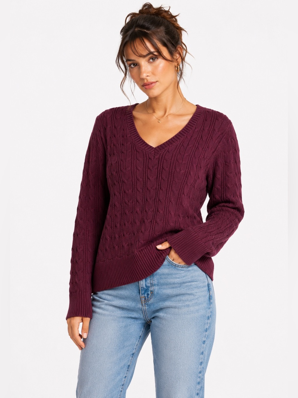 90s Vintage St. John’s Bay Cable Knit V Neck Sweater (Burgundy) Size Large